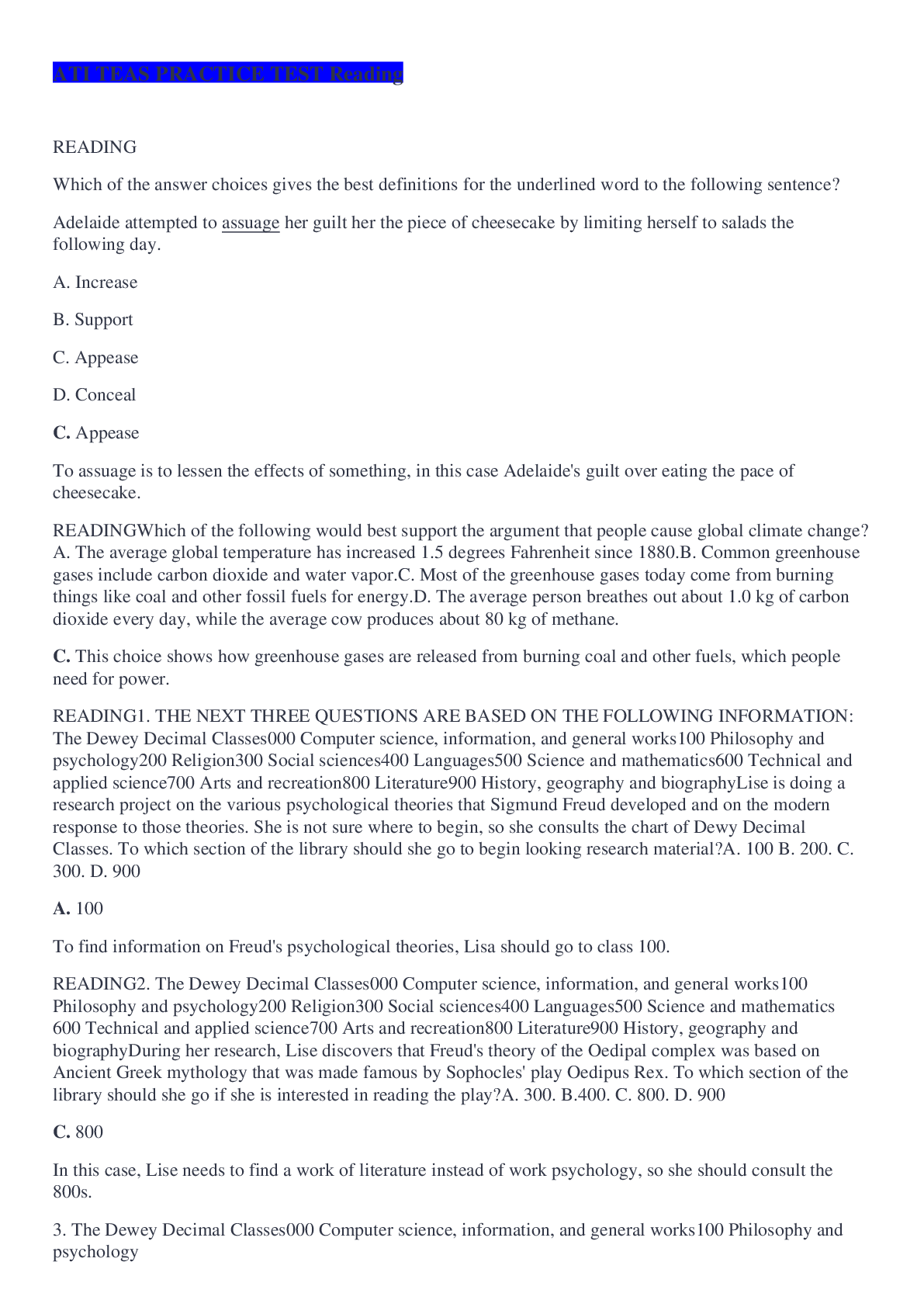 Preview of ATI TEAS PRACTICE TEST Reading (with COMPLETE SOLUTION) 106 PAGES